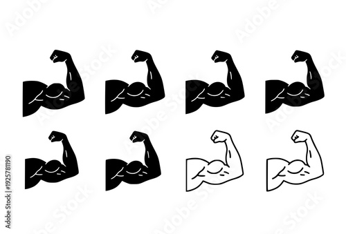 Muscular Flexing Arm Icon Set Flat Vector Bicep Strength Fitness Symbols Collection