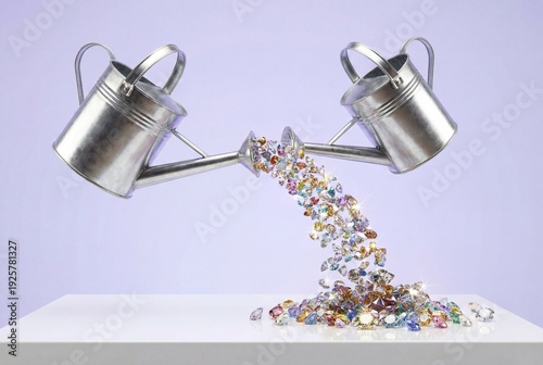 Two metal watering cans pouring colorful diamonds on purple background