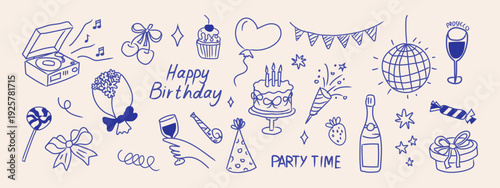 Hand drawn happy birthday doodle vector set. Cute illustrations for greeting cards, invitations and celebration design.