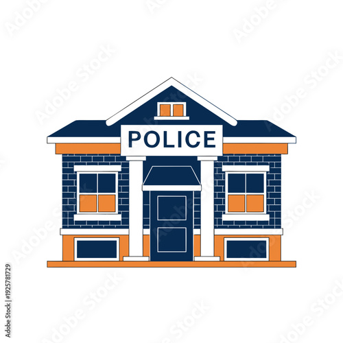A blue and orange police station building with a sign