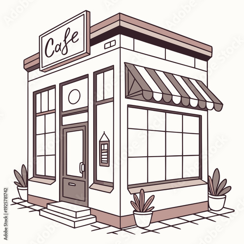 A small cafe with a striped awning and potted plants