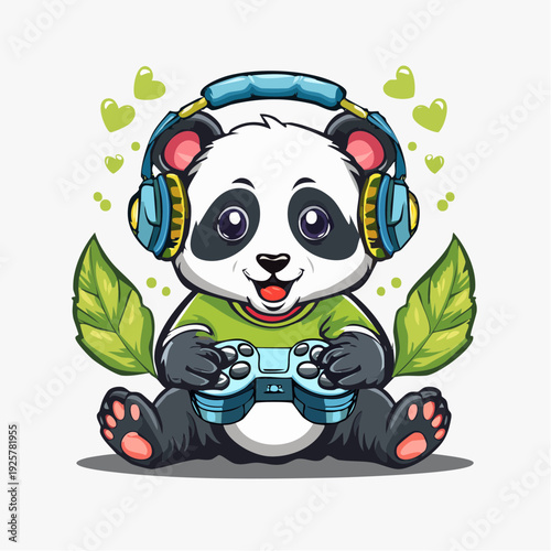 Cartoon Panda Wearing Headphones Playing Game.