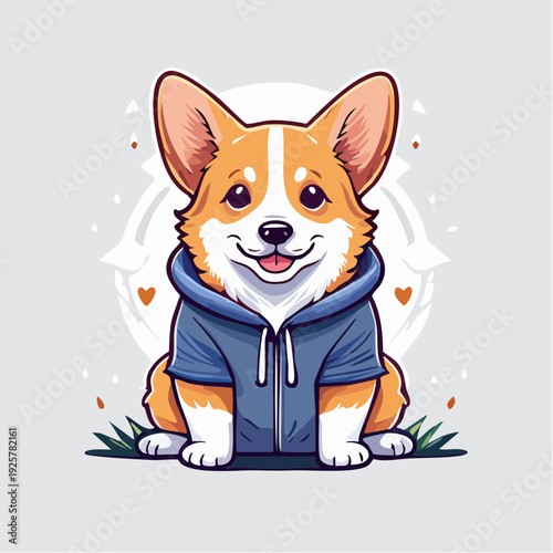 Corgi Dog Wearing Blue Hoodie Sitting 1.