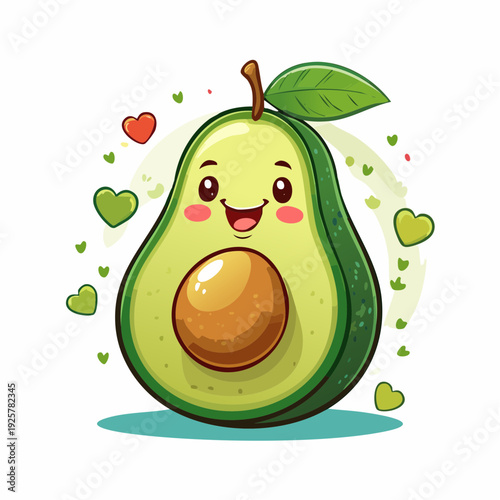 Happy Cartoon Avocado Character with Leaf.