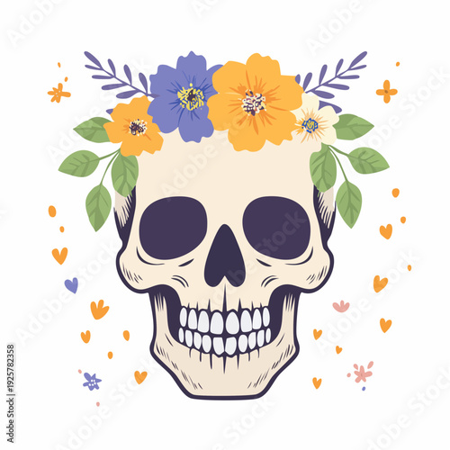 Human Skull with Floral Decoration and Leaves.