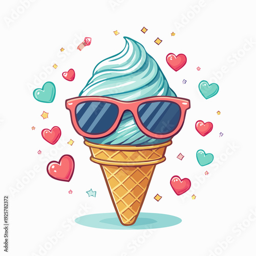 Ice Cream Cone with Sunglasses and Hearts.
