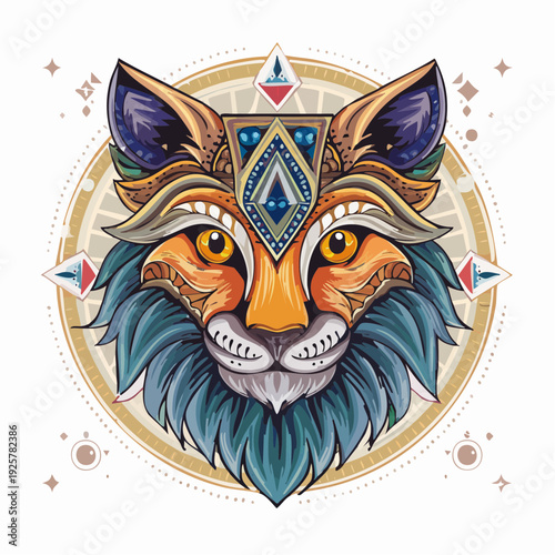 Illustrated Lion Head with Geometric Patterns.