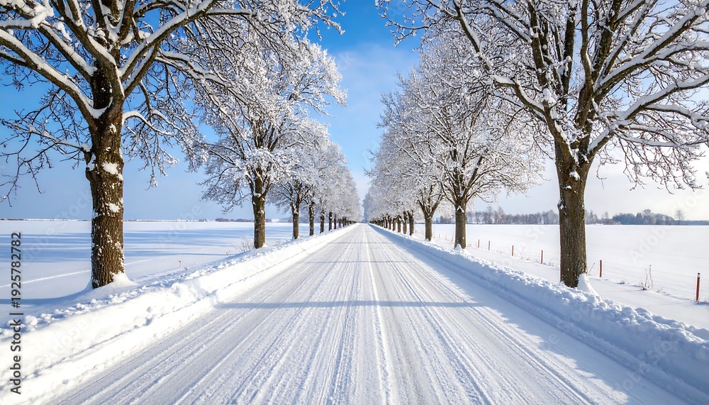 Obraz premium Snow Covered Road with Trees Winter Landscape.