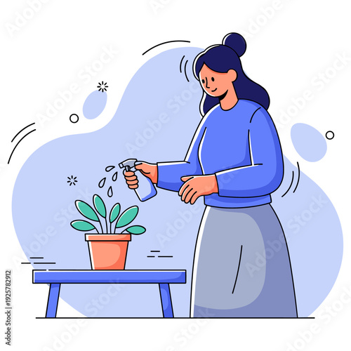 Illustration of asian female adult watering plant in indoor setting