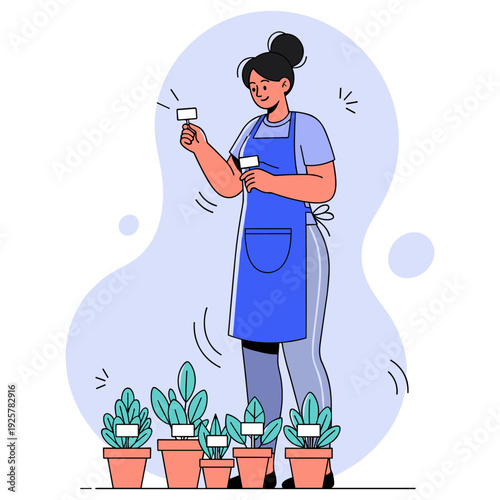 Young african female gardener with potted plants in apron smiling