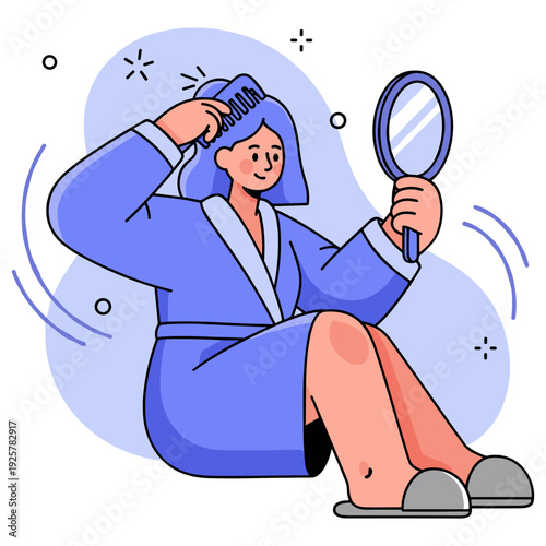 Young caucasian female in blue bathrobe combing hair and holding mirror