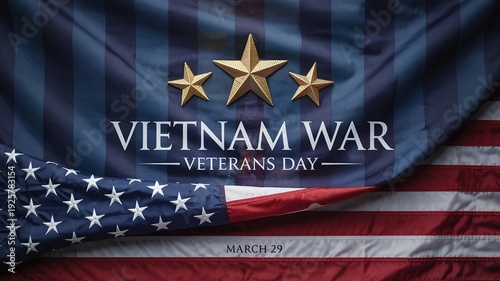 Vietnam War Veterans Day March 29 Background with Embroidered Golden Stars and Elegant Waving American Flag Fabric for Luxury Tribute