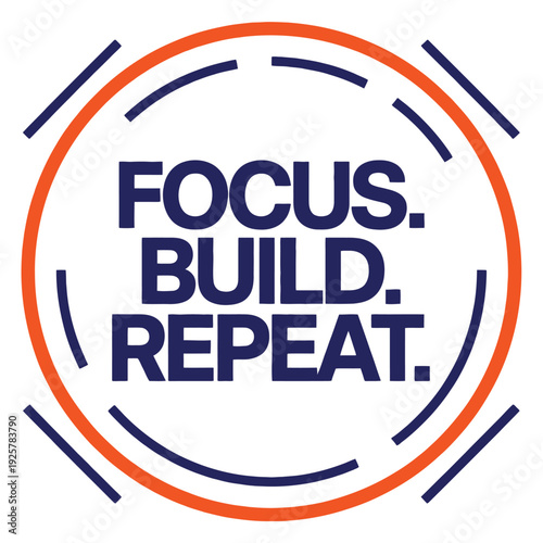 Circular graphic directs attention to focus, build, and repeat action steps.