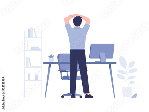 Man stands stretching with hands behind head.