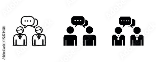 Sketch, solid, and pixel icons representing communication between two people