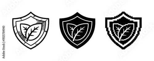 Eco-friendly shield emblem: nature protection icons in three styles