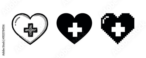 Sketched, solid, and pixelated hearts with medical cross symbols