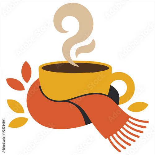 Vector Autumn Illustration of a Cup of Hot Tea with Falling Leaves and Scarf