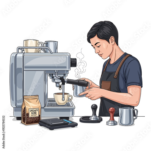 A barista meticulously preparing coffee with an espresso machine in a modern coffee shop setting. A focused barista is shown brewing coffee.