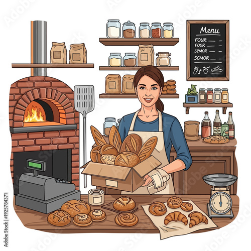A baker holding a box full of freshly baked bread, standing in front of the oven