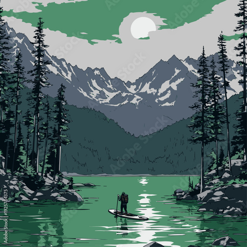 Serene Paddleboarder on Alpine Mountain Lake