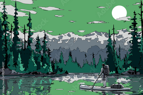 Serene Paddleboarder on Alpine Mountain Lake