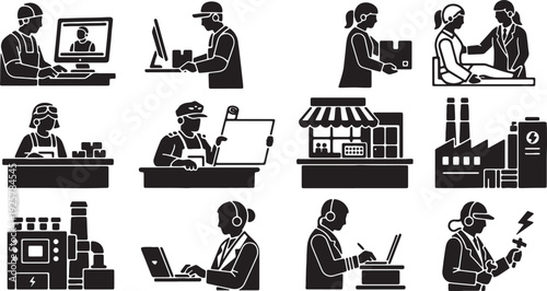 Professions Silhouette Icons Set Black White Isolated