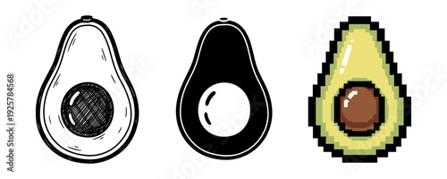 Avocado illustrations: sketch, silhouette, and pixel art styles