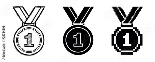 Set of three first place medals in different art styles