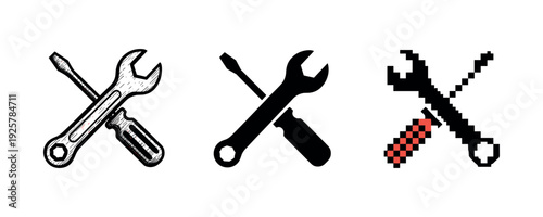 Set of crossed wrench and screwdriver icons in hand-drawn, silhouette, and pixel art styles