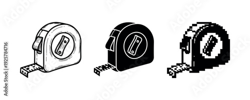Three styles of tape measure: sketch, silhouette, pixel art designs