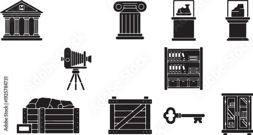 Black Silhouette Museum Icons Set with Vintage Camera and Treasure Chest Isolated on White