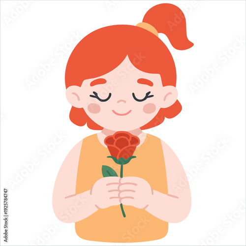Little Girl Smelling a Rose Flower in Circle Background Vector