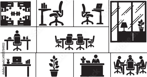 Office Workplace Icons Set Flat Design Vector Illustration
