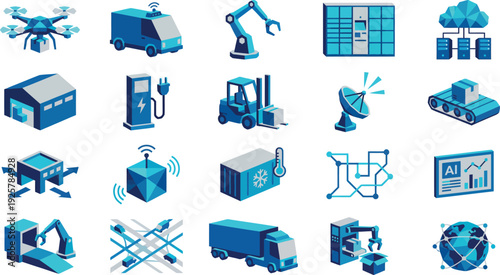 Isometric icons representing modern logistics automation artificial intelligence and supply chain technology