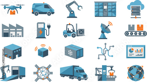 Collection of modern logistics and supply chain technology icons representing global distribution and automated systems