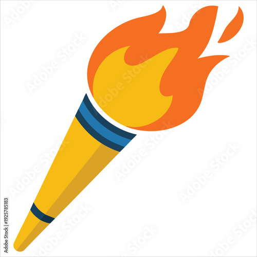 Gold Torch with Burning Fire Flat Styled Cartoon Vector Illustration