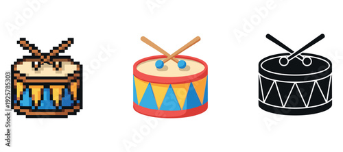 Pixel, flat, silhouette drum icons with drumsticks collection on white background