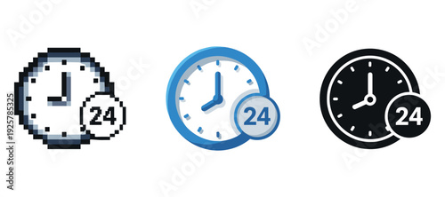 Three 24-hour clocks: pixelated, modern, silhouette designs on white background