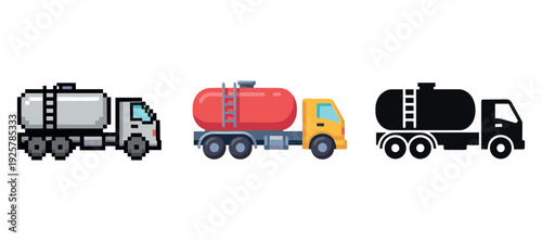 Illustrative water tanker trucks in flat, pixel, and silhouette styles