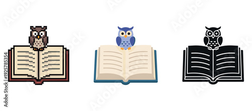 Cute owls reading books: pixelated, cartoon, and silhouette designs