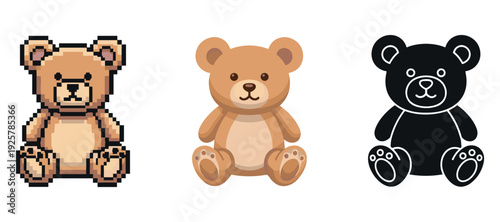 Pixel, cartoon, and silhouette teddy bears illustrations