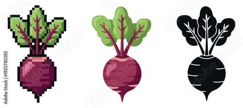 Trio of beetroot designs: pixel art, cartoon, silhouette variations