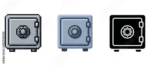 Pixel art safe icons set with combination dial in different styles