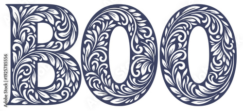 Halloween BOO Typography elegantly composed of growing floral vines, blooming flowers, and decorative leaves