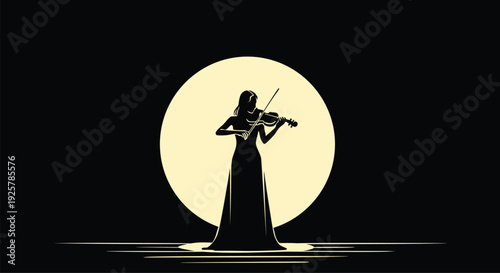 Elegant Violinist Silhouette Performing Under Full Moon Light