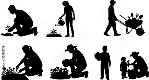 Gardening Silhouettes Vector Set Showing People Planting on white background