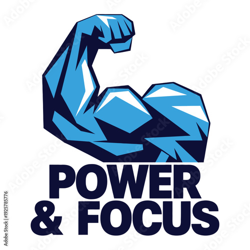 Stylized illustration shows a strong blue bicep flexing above power and focus text.