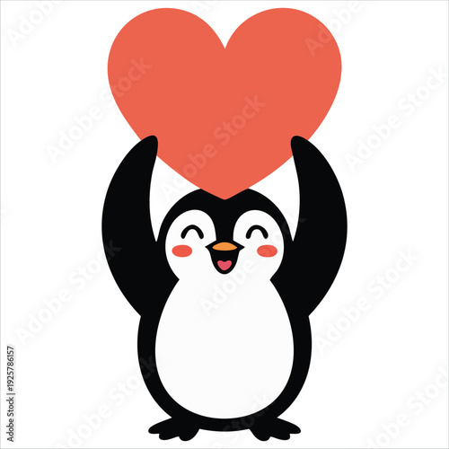 Cute Penguin Holding a Paper Heart Flat Illustration for Love Themes