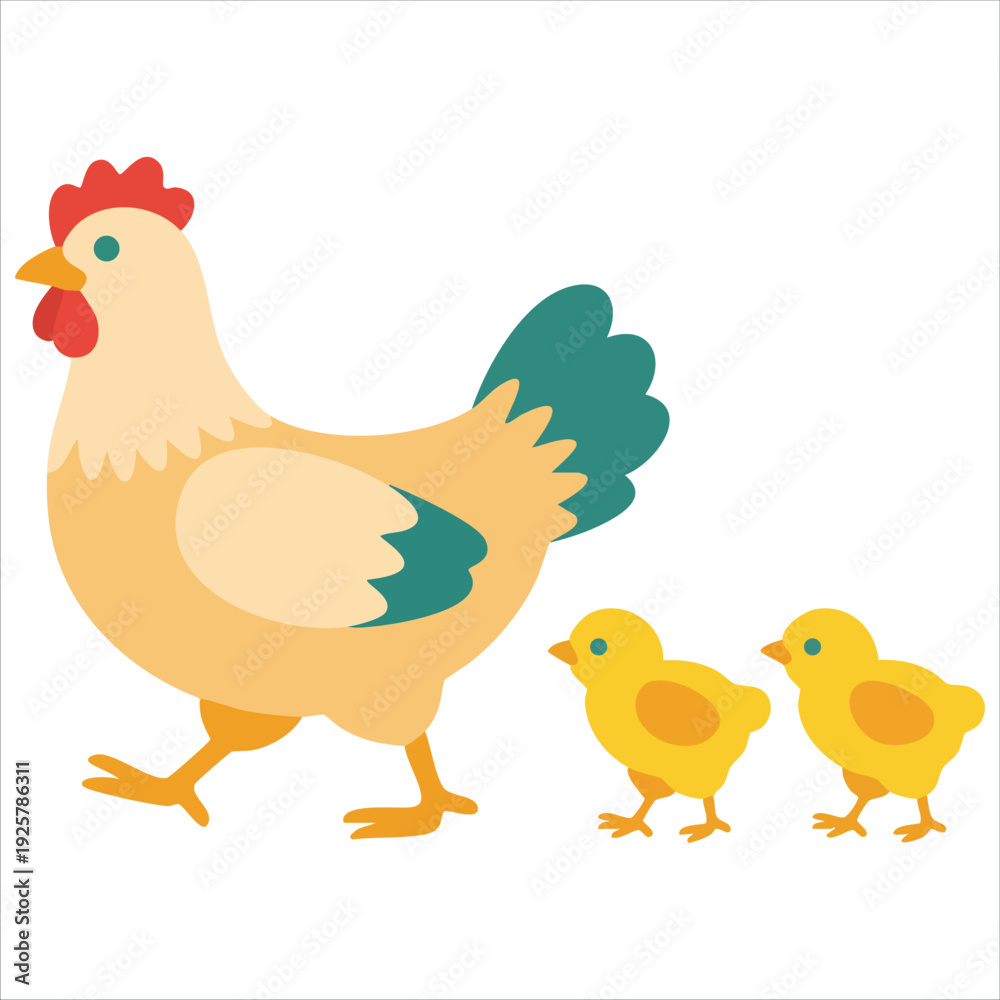Naklejka premium Hen with Her Chicks Vector Illustration in Flat Style